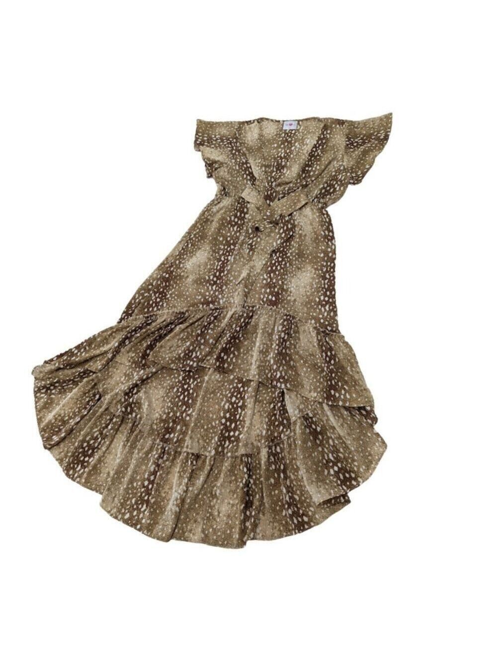 Buddy Love High-Low Ruffle Hem Dress Brown Animal Print Flutter Sleeve Western - Picture 6 of 12